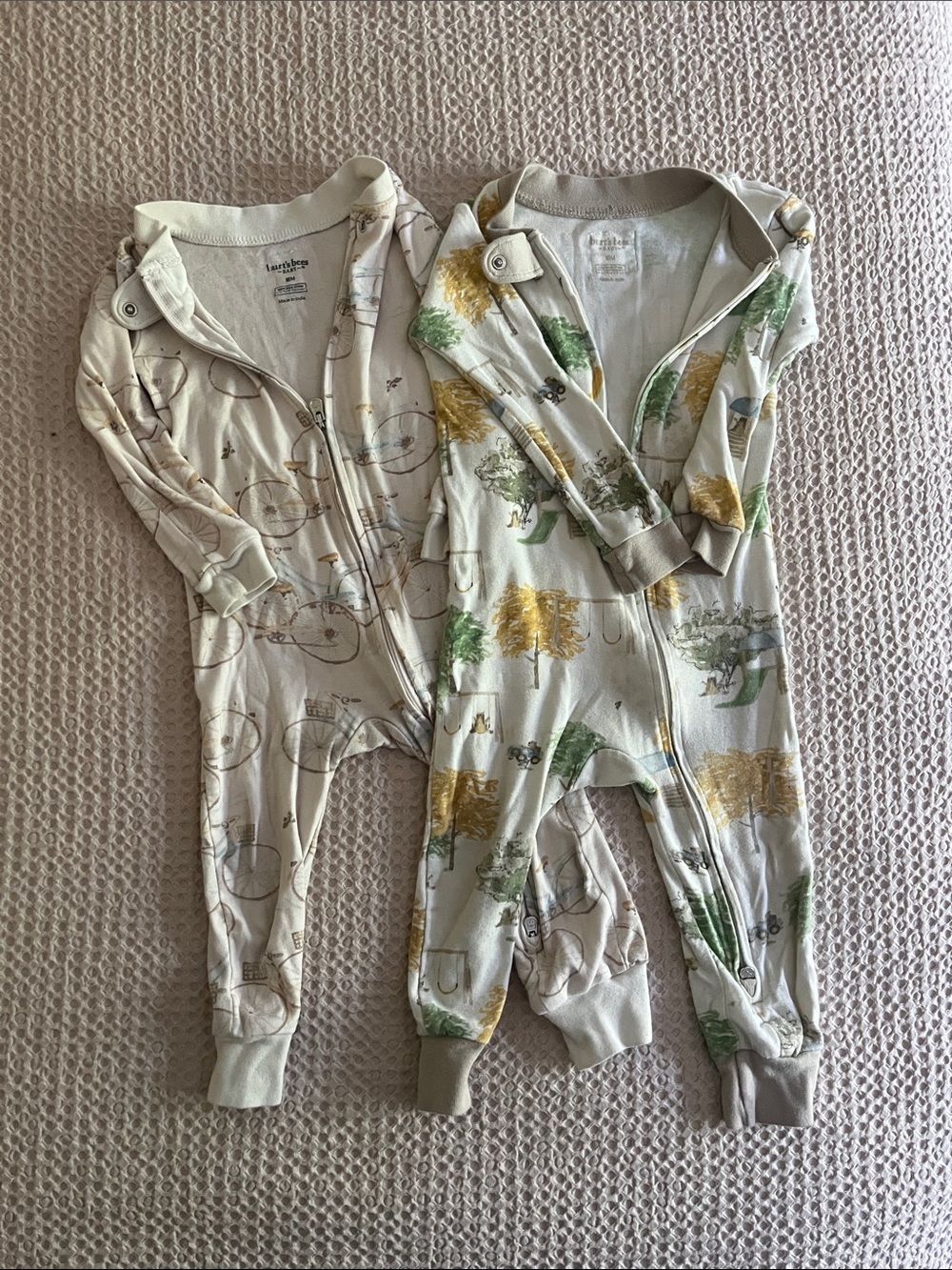 Burt’s Bees Cream & Green Woodland & Bicycle Print One-Piece Pajamas
